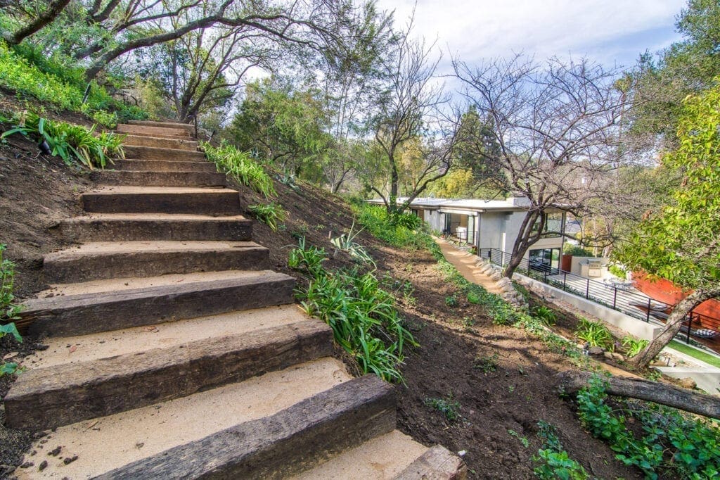 A view of some steps that are going up.