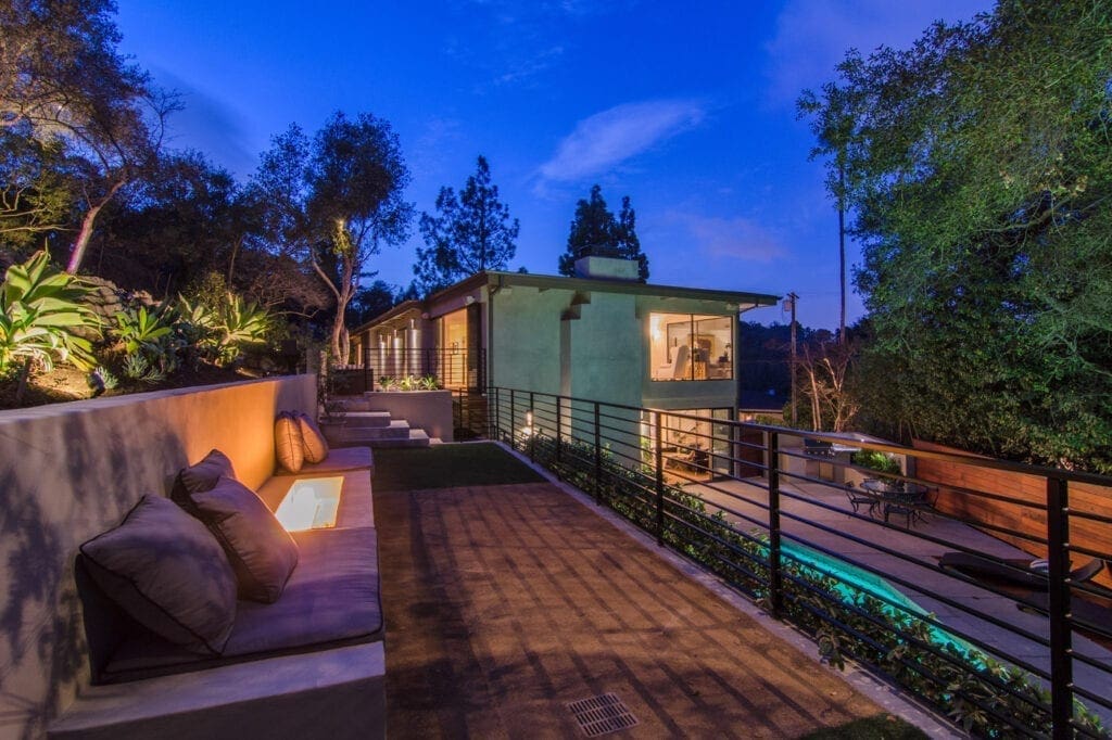 A view of the back yard at night.