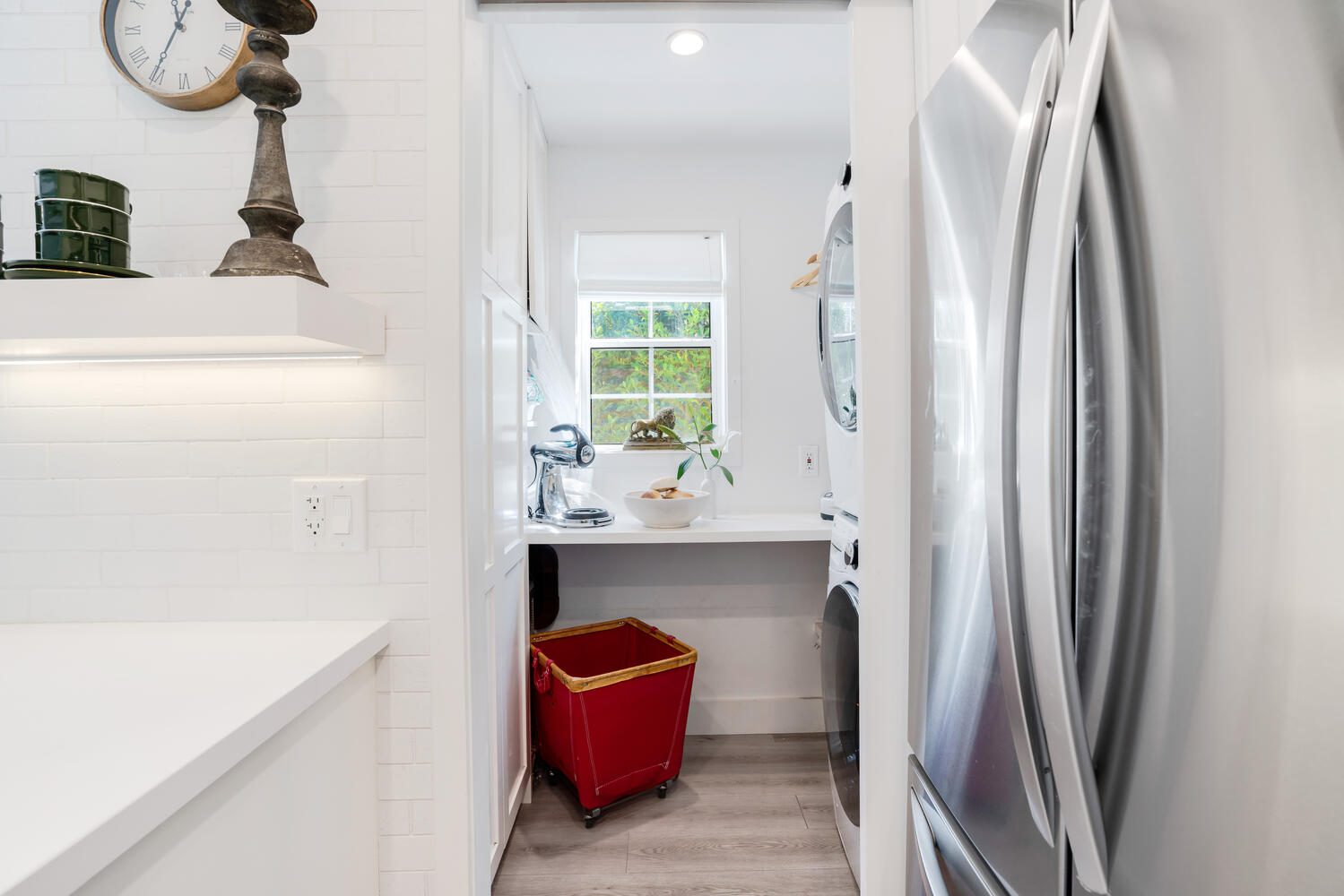 A view of the kitchen from the hallway.