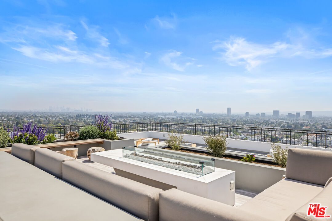 A view of the city from an outdoor patio.