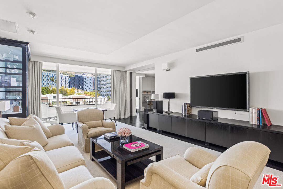 A living room with couches and a television.