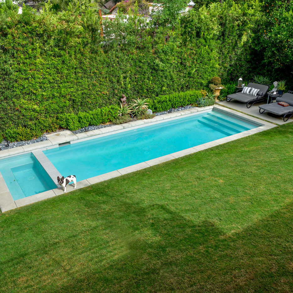 A pool that is in the middle of some grass.