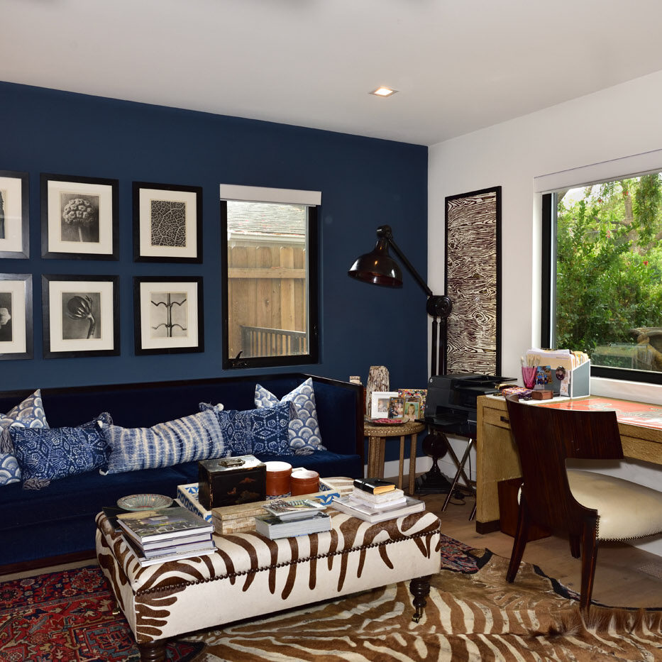 A living room with blue walls and zebra print furniture.